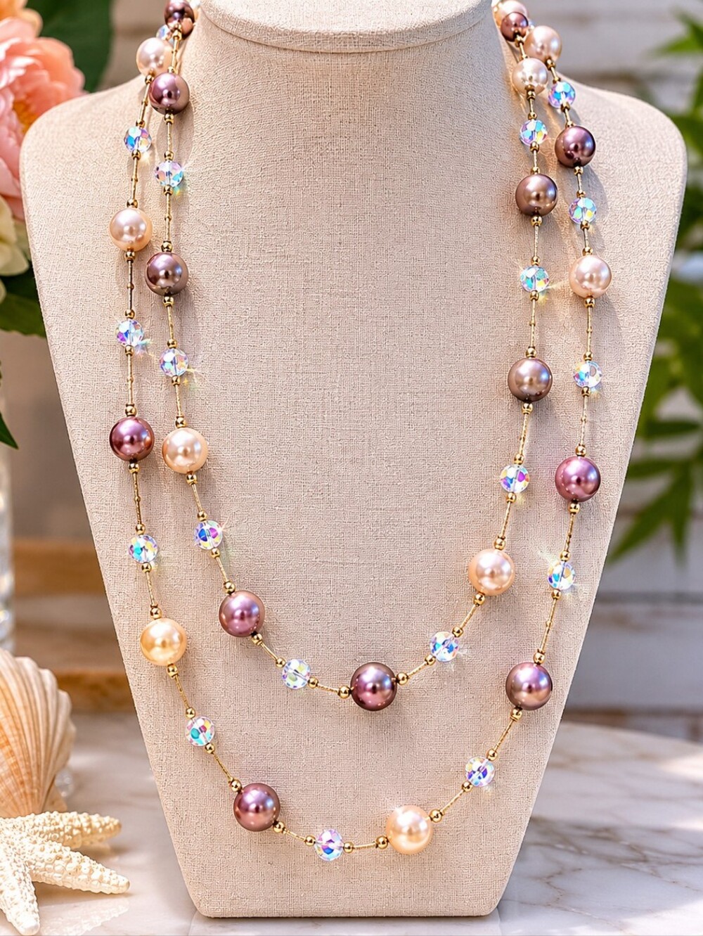 Lia Sophia Caramelo Pearl Crystal Station Necklace Long 52" Retired